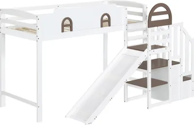 Produktbild von okwish Etagenbett, Kinderbett  Holzbett 90x200cm, Mit Fenster & Kinderrutsche, Treppen mit Handlauf&2 Schließfächer ,ohne Matratze ,Weiß+Braun