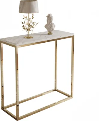 A console table with a marble top and gold frame, decorated with a lamp and a bust.
