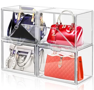 Produktbild von Sets transparenter Aufbewahrungsboxen für Handtaschen aus Kunststoff, Acryl-Präsentationsboxen für Handtaschen, stapelbare Aufbewahrungsboxen