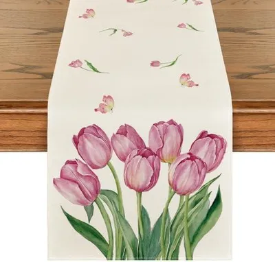 Produktbild von Artoid Mode Rosa Blumen Tulpen Frühling Tischläufer, Saisonnal Küche Tisch Dekoration Drinnen Urlaub Party Dekor 40x140 cm