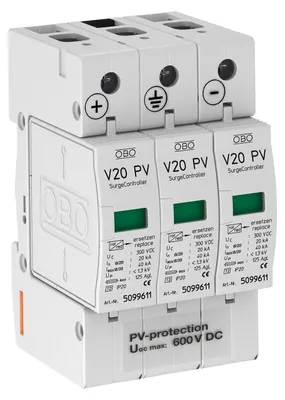 Obrázek produktu pro OBO Přepěťová regulace V20 V20-C 3PH-600 3pin 600VDC pro fotovoltaické systémy 5094605