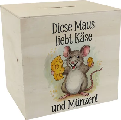 Produktbild von Fröhliche Maus mit Käse Spardose aus Holz - liebe Käse und Münzen