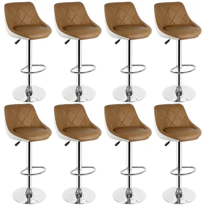 Image de Tabouret de bar (lot de 8) Chaise de bar pivotante Tabouret de cuisine en similicuir Réglable en hauteur Marron clair et blanc