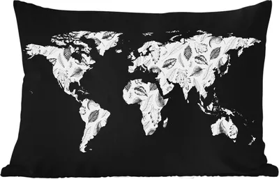 Produktbild von MuchoWow® Outdoor Kissen - Weltkarte - Blätter - Schwarz - Weiß - 60x40 cm - Wetterfest - Lounge Kissen - Zierkissen - Kissen für Innenräume