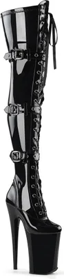 Produktbild von INFINITY-3028 Pleaser High-Heels Overkneestiefel schwarz Stretchlack 3 Schnallen