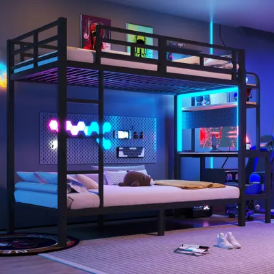 Produktbild von Etagenbett mit Schreibtisch & LED, robustes Eisen, Ablagefach, USB-Anschluss, Sicherheitsgeländer & Leiter, ohne Matratze, Schwarz, 90 x 200 cm
