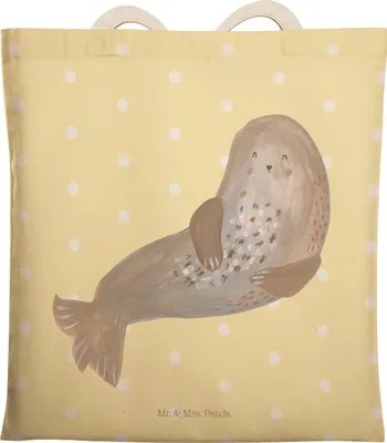 Produktbild von Mr. & Mrs. Panda Tote Bag Robbe Lachen - Gelb Pastell - Geschenk, Tragetasche, shopping, Tasche, Einkaufstasche, Seehund, Nordsee, Robben, Stoffbeutel, Lustige Sprüche