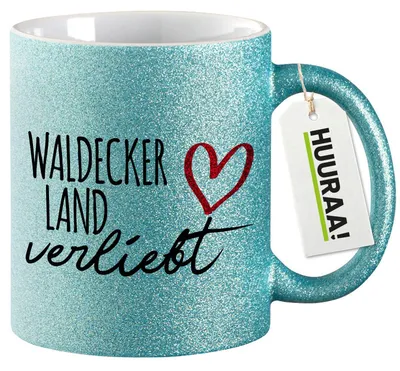Produktbild von Huuraa Glitzertasse Waldecker Land verliebt 330ml Blau Keramik Kaffeebecher Geschenkidee