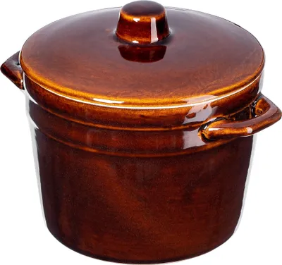 A brown ceramic pot with a lid and handles, isolated on a white background.