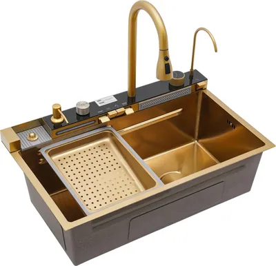 Produktbild von Küchenspülen-Set mit Digitalanzeige - Einzelbecken 75×46×22 cm - Wasserfall-Armatur - Ausziehbrause 60 cm - 1,27 cm Anschluss - 1 Loch - Edelstahl - Gold