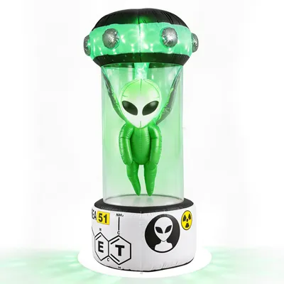 Productafbeelding van COSTWAY Halloween opblaasbare alien, 225 cm. Opblaasbaar decor met LED-verlichting, Halloween decoratie met zandsakken en afspannaren