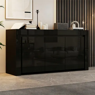 Produktbild von Schwarze Kommode, 3 Schubladen + 2 Türen, LED, Hochglanz, Sideboard