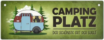 Produktbild von Campingplatz Metallschild XL mit Wohnwagen Motiv