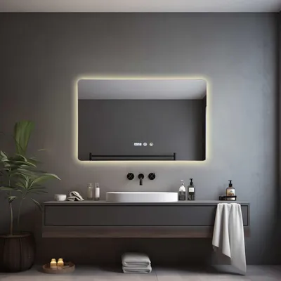 Image de Miroir de salle de bain rectangulaire AIORBER à LED, intensité réglable avec fonction tactile et mémoire, 3 couleurs de lumière, anti-buée, miroir mural éclairé 60 x 100 cm – Blanc chaud