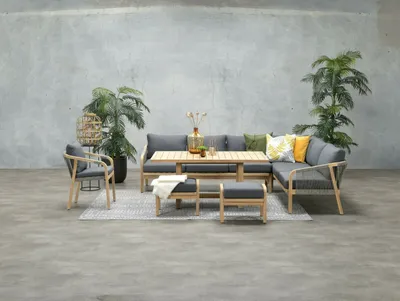 Produktbild von Garden Impressions Dining-Ecklounge "Cubatao" inkl. Sessel, Sitzbank, Tisch, Hockern und Kissen natur / grau rechts