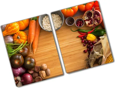 Produktbild von Tulup Glas Herdabdeckplatte - 2x40x52 cm - Glaskeramikkochfeld-Abdeckung Spritzschutz Glasabdeckplatte Kochplattenabdeckung und Schneidebrett - Zweiteilig - Essen & Getränke - Herbstgemüse - Mehrfarbig