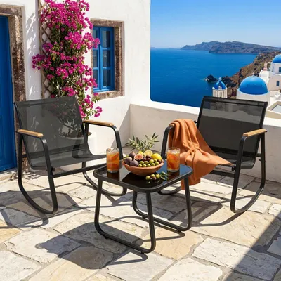Immagine prodotto di Set di mobili da giardino BEALIFE da 3 pezzi con tavolo da giardino | 2 sedie a dondolo in rete e tavolo in vetro | Per terrazze e balconi | Nero/grigio chiaro | WR218