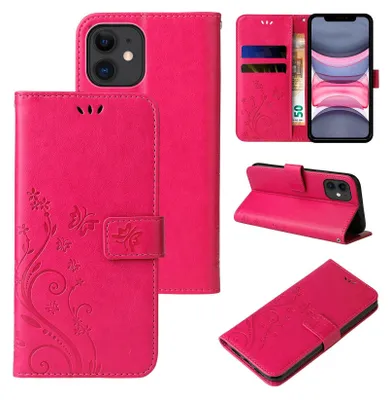 Produktbild von Handyhülle für Apple iPhone 11 Floral Blumen Schmetterling Flip Cover Hülle Case Klapphülle Handytasche Farbe: Pink