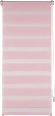 A roller blind with alternating pink and white horizontal stripes.