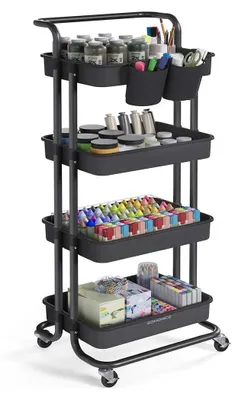 Image de Chariot à roulettes sur 4 niveaux, couleur noire – chariot de rangement mobile – en acier – 37,3 x 42,5 x 115 cm