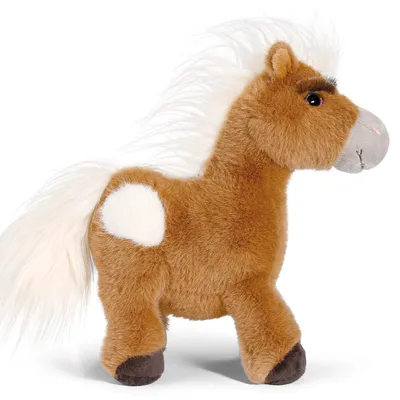 A plush toy horse on a white background.