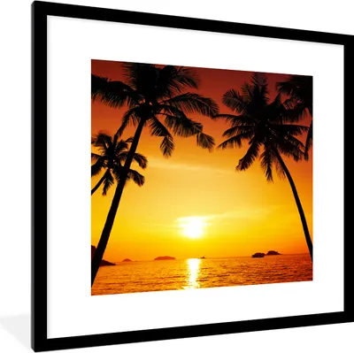 Produktbild von MuchoWow® Gerahmtes Poster Palme - Sonnenuntergang - Strand - Orange - Tropisch 40x40 cm - Poster mit Schwarzem Bilderrahmen Wandposter Rahmen Foto Bilder - Poster - Plakat im Rahmen