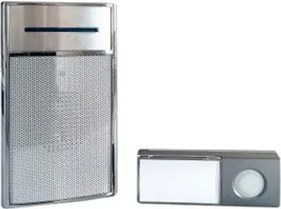 A wireless doorbell set consisting of a speaker unit and a button.