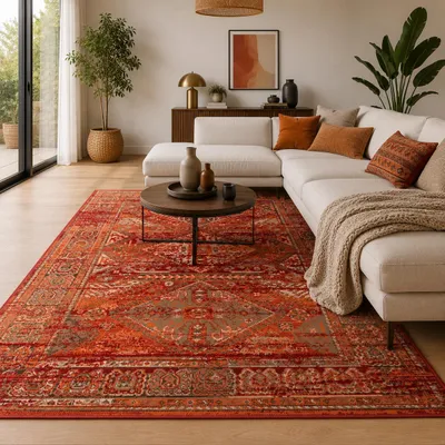Produktbild von Designer Teppich Pop-Vintage Orient Terrakotta Bordüre, Größe:120x170 cm, KI-generiertes Bild