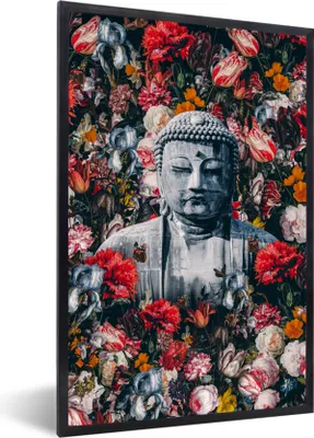 Produktbild von MuchoWow® MuchoWow® Gerahmtes Poster Buddha - Bild - Blumen 60x90 cm - Poster mit zchwarzem Bilderrahmen - Kunst