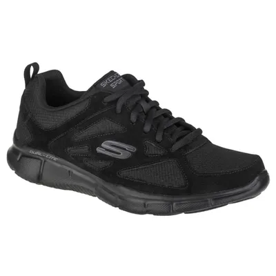 A black Skechers athletic shoe is shown from a side angle against a white background.