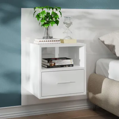 Image de vidaXL Table de nuit murale blanc brillant Matériau dérivé du bois