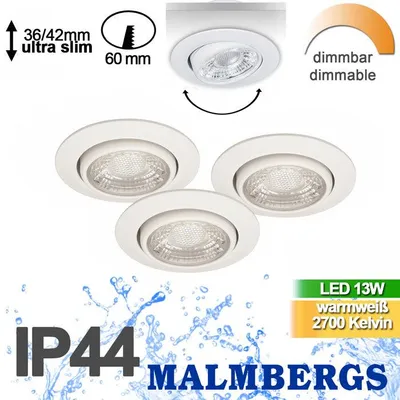 Produktbild von 3er Set LED Einbaustrahler Weiß – dimmbar – schwenkbar – IP44 – ultra flach – Malmbergs MD-13