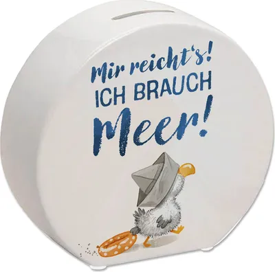 Produktbild von Möwe mit Schwimmreifen Spardose mit Spruch Mir reicht‘s ich brauch Meer