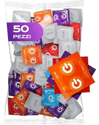 Immagine prodotto di ON) Mix di preservativi | 50 Pezzi | premium 7 tipi & dimensioni con larghezza 54 mm | 10x extra sottile, naturale & a puntini | 5x extra forte, con fragola, banana, cioccolato