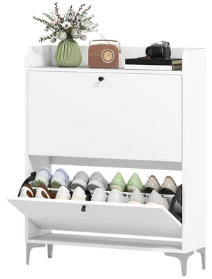 Produktbild von Schuhschrank fš¹r 16 Paar Schuhe, Schuhschrank mit 2 Klappschubladen, verstellbaren Einlegeb?den, 80 x 24 x 101 cm, wei?