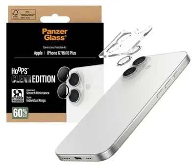 Produktbild von PanzerGlass ® Hoops® Kameraschutz Transparent iPhone 17 | iPhone 16 | 16 Plus, Apple, Apple - iPhone 17, Apple - iPhone 16, Apple - iPhone 16 Plus, Trockene Anwendung, Kratzresistent, Schockresistent, Transparent, 1 Stück(e)
