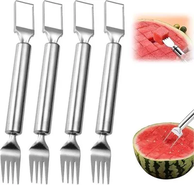 Produktbild von Wassermelonenschneider – Vorrichtung zum einfachen Schneiden – 4 Stück – 2-in-1 – Doppelkopf-Melonenschneider – aus Edelstahl – tragbarer Wassermelonenschneider – Wassermelonenschneider – geeignet für Familienfeiern, Camping und als Küchenhelfer