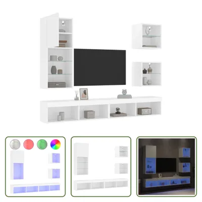 Image de The Living Store Meuble-paroi 5 pièces avec éclairage LED Blanc Matériau dérivé du bois