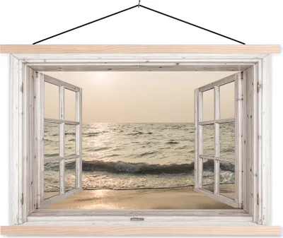 Produktbild von MuchoWow® Textilposter Aussicht - Meer - Strand 120x80 cm mit holzfarbenen Rahmen - Aufhängeset