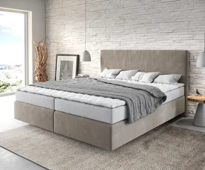 Produktbild von DELIFE Boxspringbett Dream-Well 180x200 cm Mikrofaser Beige mit Matratze und Topper