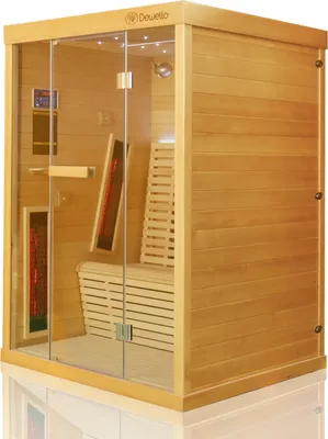 Produktbild von Dewello® Infrarotkabine Infrarotsauna PALERMO 135x120 für 1-2 Personen aus Hemlockholz, Vollspektrumstrahler, Bodenstrahler, LED-Farblicht und Beleuchtung, Bluetooth