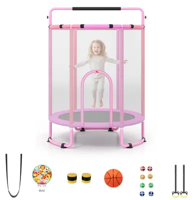 Immagine prodotto di Trampolino per bambini COSTWAY, diametro 154 cm, con barra per esercizi, altalena, anelli e canestro da basket. Trampolino da giardino con basket e palloni, colore rosa