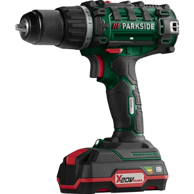 A studio shot of a cordless drill with its battery pack attached, against a white background.