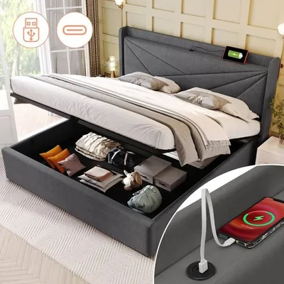 Produktbild von Odikalo Polsterbett 180x200, Doppelbett Stauraum Bettkasten mit USB/Typ C,Stauraumbetten Bettgestell aus Leinen mit lattenrost/Kopfteil,Ohne Matratze
