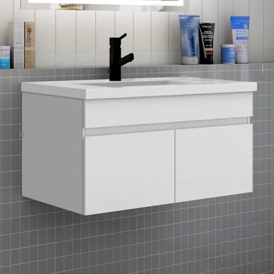 Produktbild von Badezimmer Badmöbel 80 cm Mineralguss Waschtisch mit Unterschrank Hängeschrank Badezimmerschränke Badschrank mit 2 Türen Weiß Matt