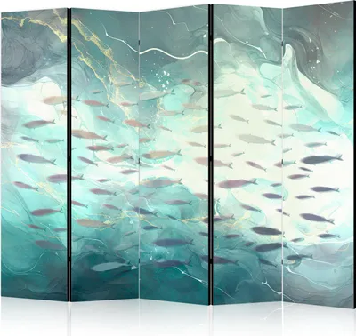 Produktbild von 5-teiliger Einseitiger Vlies Paravent - Escaping Fish - Very Fast Swimming Fishes in Muted Colors Among Sea Depths 225x172 cm Tiere g-C-10164-z-b