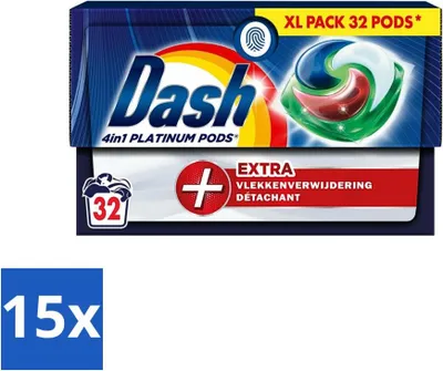Produktbild von Dash – 4-in-1 Pods + Extra Fleckenentferner – Wäschekapseln – Intensivreinigung – 32 Wäschen - Vorteilspack - 15 Stücke