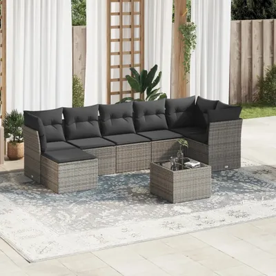 Produktbild von Design 8-tlg. Garten-Sofagarnitur mit Kissen Grau Poly Rattan, Gartenmöbel-Sets 2024 Neu