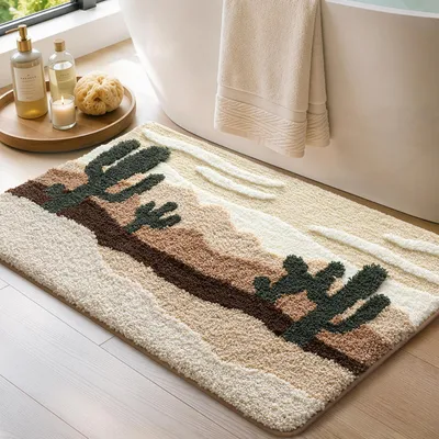Productafbeelding van Badmat 40 x 60 cm, antislip, absorberend, wasbaar, beige met cactustmotief