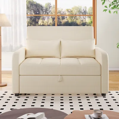 Image de MODFU Canapé Droit Convertible - 2 Places Avec Dossier Réglable et Fonction Lit Tissu en Lin Beige